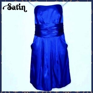 David’s Bridal Royal Blue SATIN Strapless Cocktail Y2K Dress Pockets Women’s 10